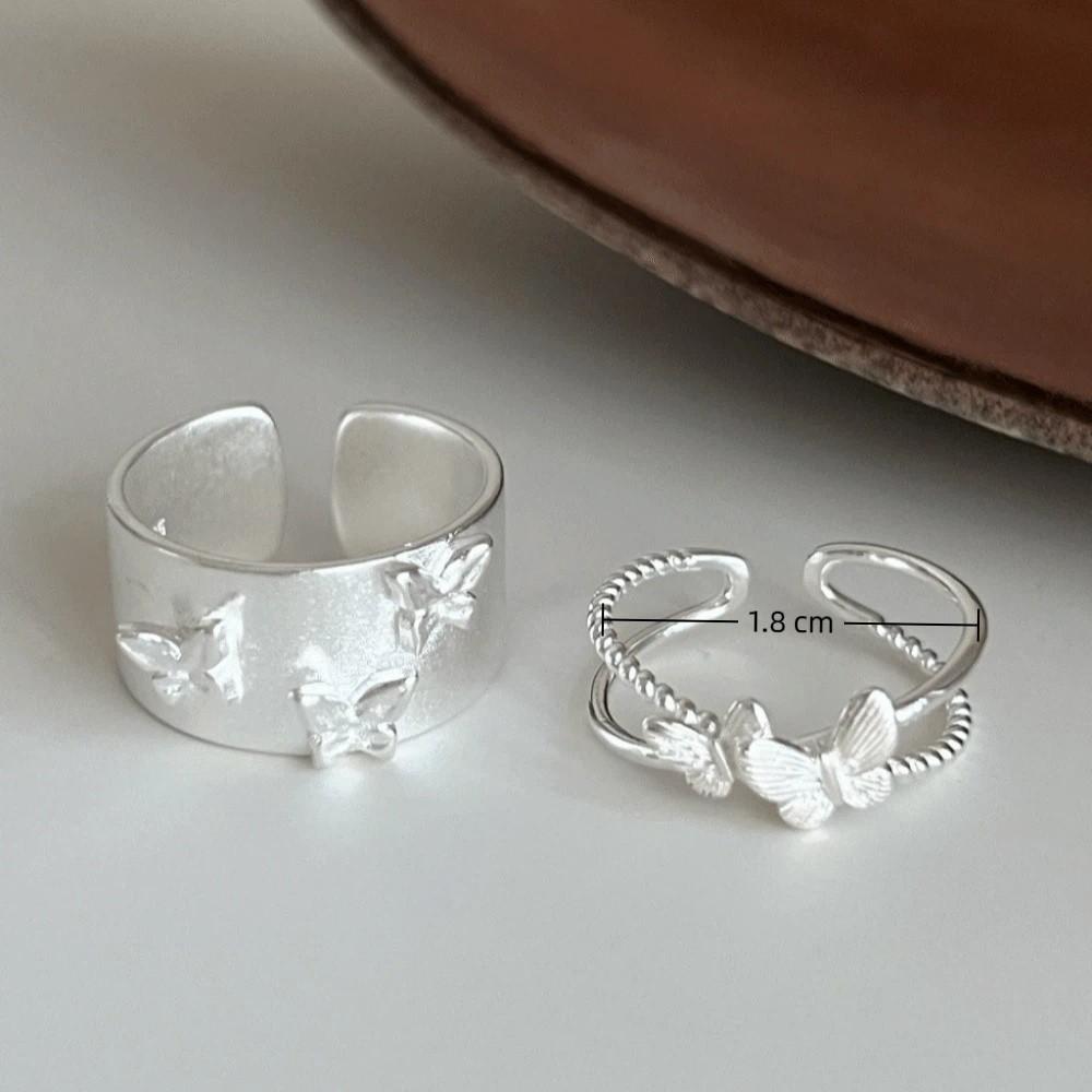 Simple Tibetan Silver Butterfly Ring Matte Light Adjustable Finger Geometric Ring 3D Silver Ring Party Birthday Gift