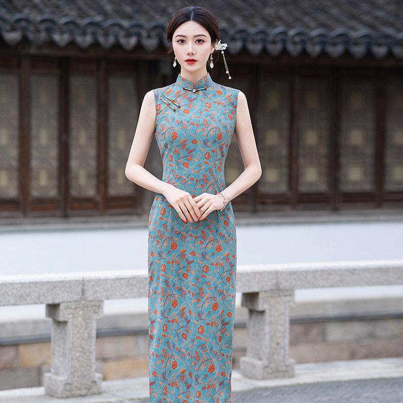 Blue sleeveless national style new Chinese Suzhou long cheongsam improved young women's high sense can be worn daily in summer