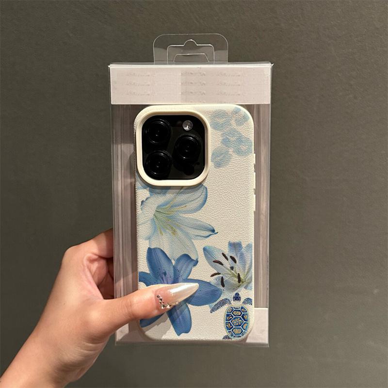 Blue Elegant Lily Flower Design White Lychee Pattern And Turtle Lip Prints for iPhone 17 16 Pro Max 14 15 13 Pro 12/11 Case