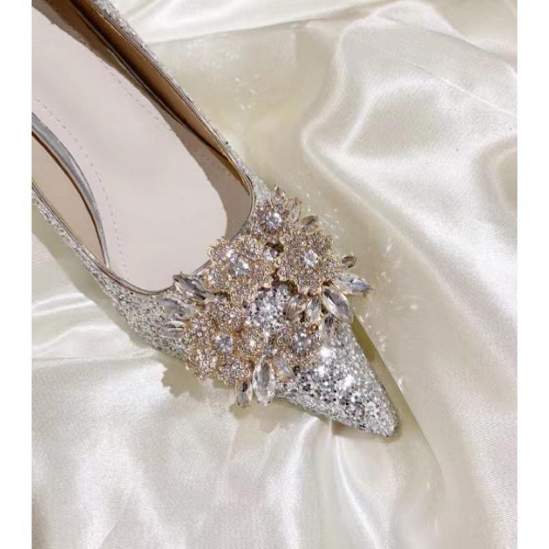 Crystal wedding shoes bride Xiuhe new pointed thin heel rhinestone sequined wedding dress high heels