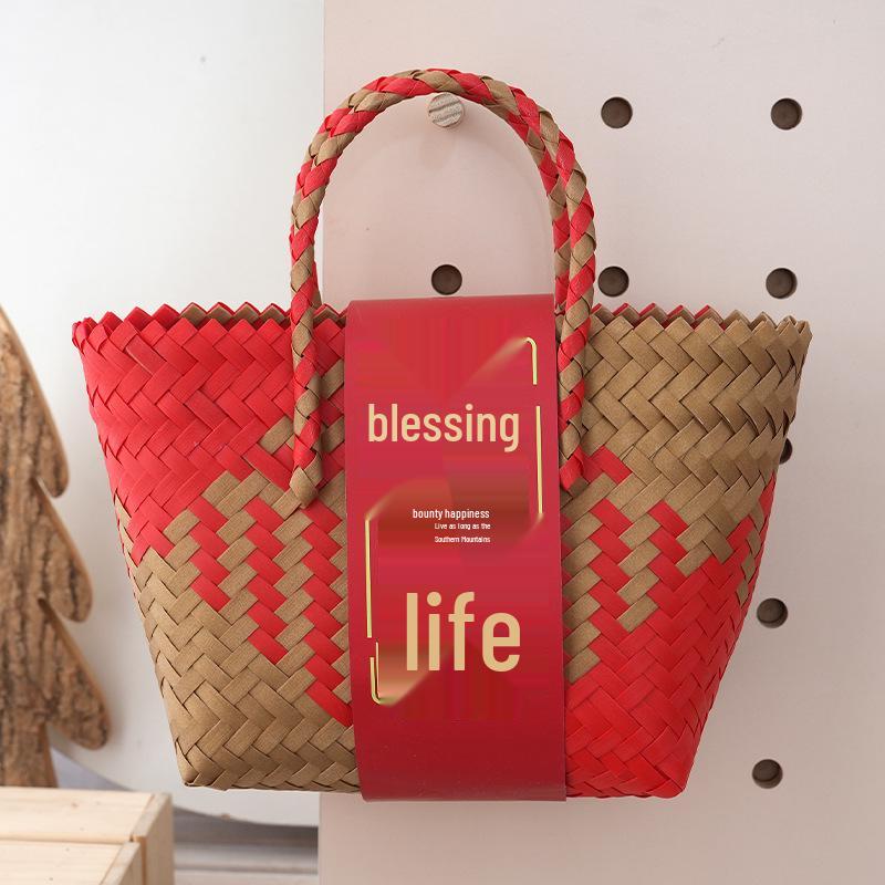 Women's Bamboo Handle Woven Beach Tote Bag