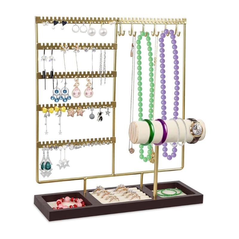 Organisateurs de bijoux élégants Support à colliers et boucles d'oreilles multicouches avec plateau en bois naturel pour la décoration de la maison