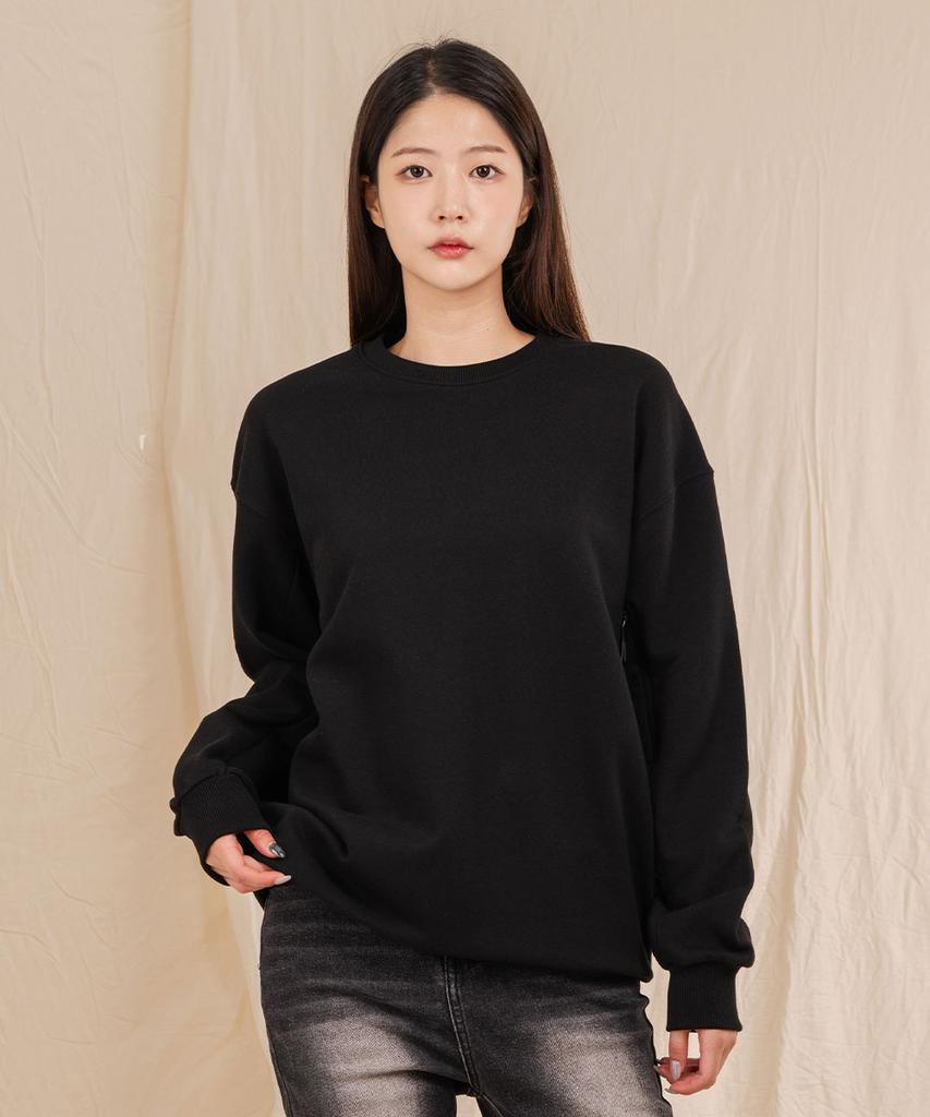 Ellamo Terry Basic Plain Plain Sleeve Point Zipper Oversized Sweatshirt [Black]