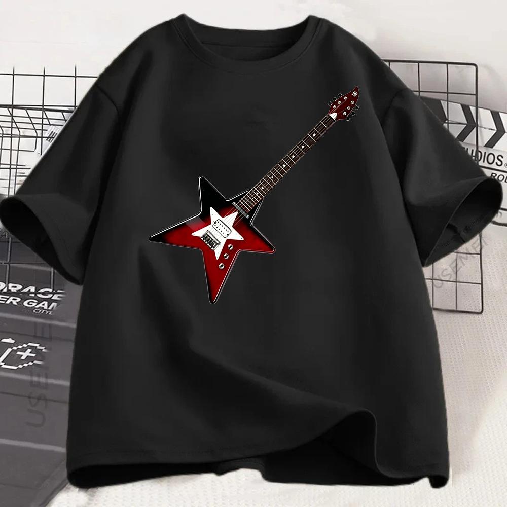 Star Shape Electric Guitar Graphic T Shirt Women Rock Music Print Tee Y2K Harajuku Casual Short Sleeve Loose Summer Top Vintage