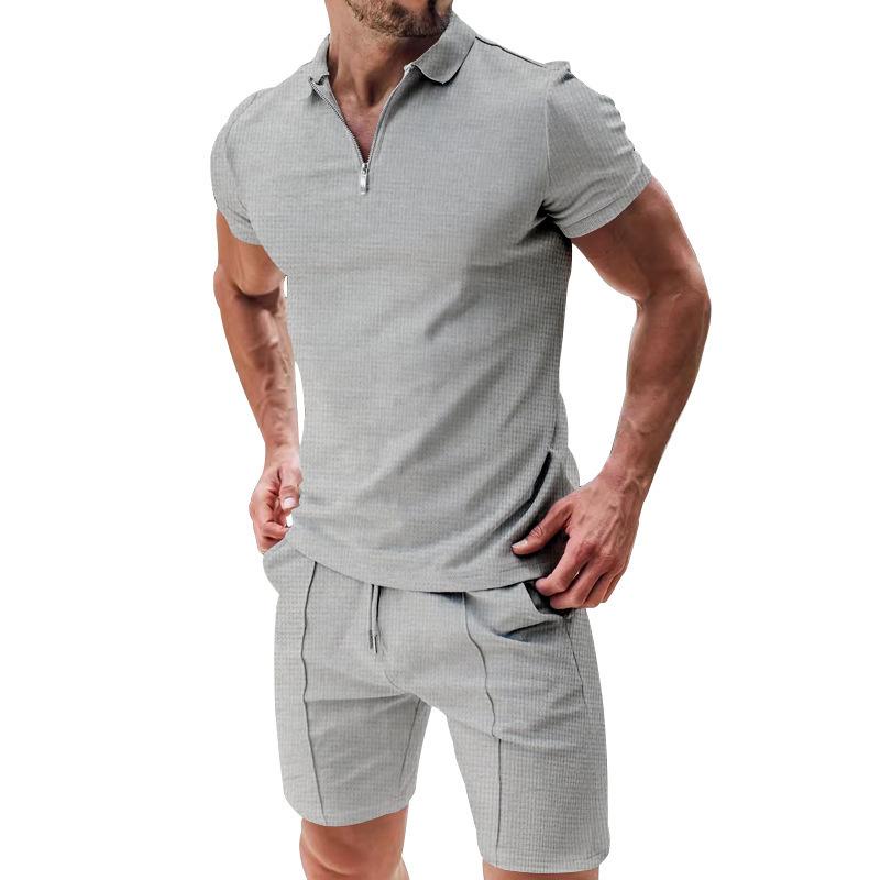Men's Casual European & American Waffle Texture Shorts and T-Shirt Set - Solid Color, Short-Sleeved, Loose Lapel Design for Summer