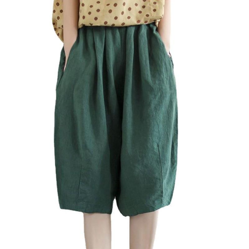 W magazynie: Damskie letnie spodnie retro z bawełny i lnu - Elastyczna talia, Design pięciopunktowy, Rozmiar plus, Styl casualowy