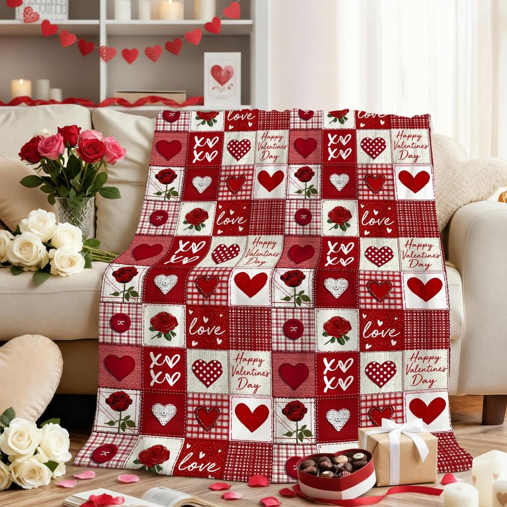 Valentine Flannel Blanket Throw, Plaid Love Hearts Roses Soft Fuzzy Plush Cozy Fleece Blankets for Couch Sofa Bed Lounging
