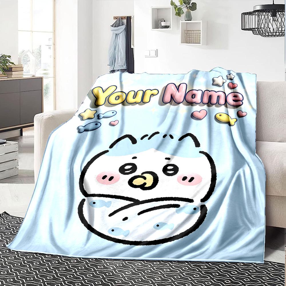 1pc Chiikawa Blanket with Custom Name, Gift, for Men and Women, Soft Blanket, Good for Sofa Bed Couch Travel, Lightweight Flannel Blanket
