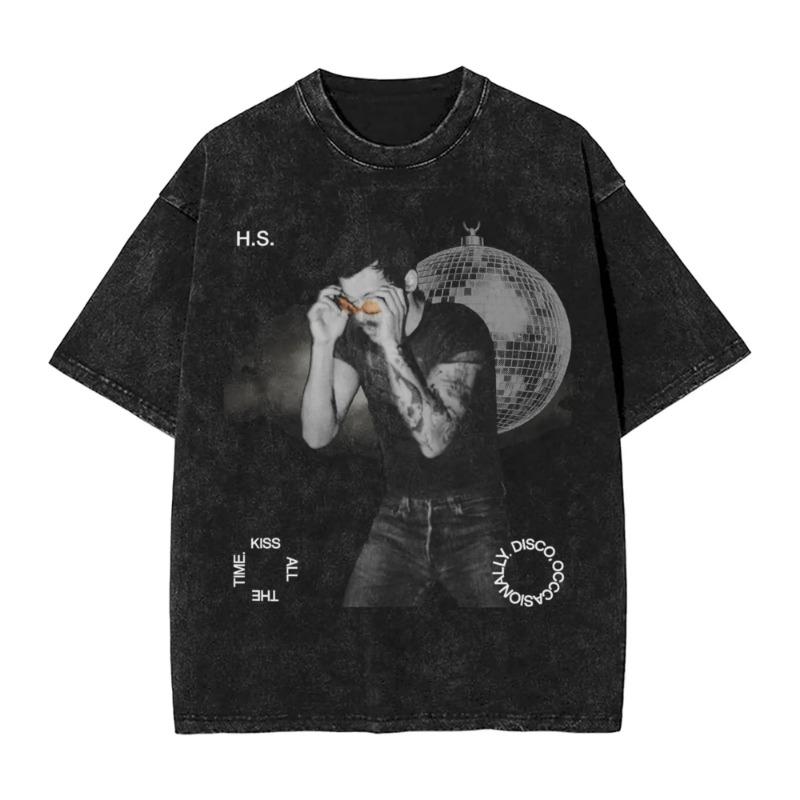 Y2k Streetwear Harrys Styles Kiss All The Time Disco Occasionally T Shirt Washed Cotton T-Shirts Aperture for Women Tees