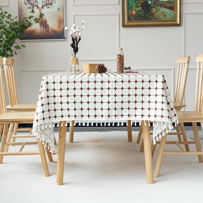 

Picnic Tablecloth Color Matching Cotton And Linen Fabric Embroidery Large, Medium And Small Plaid Rectangular Coffee Table Mat Tablecloth 90*90cm