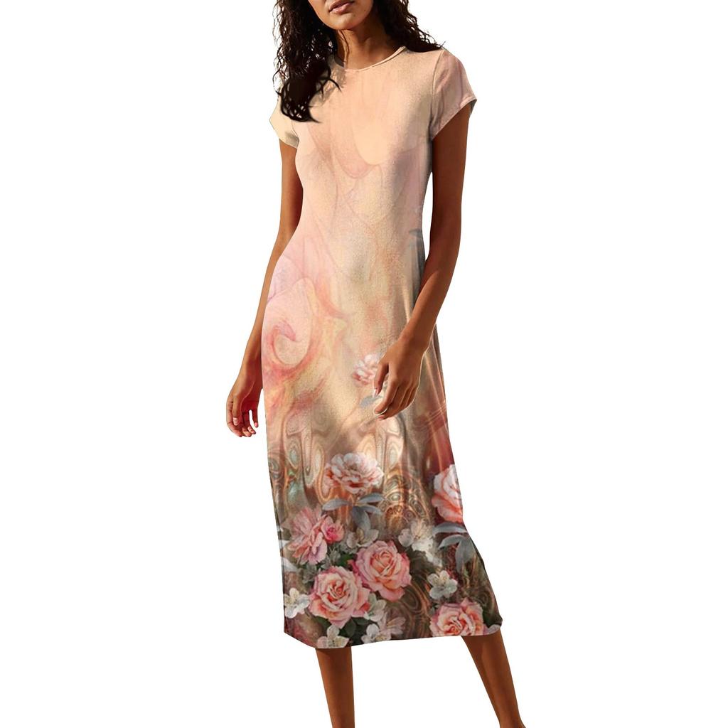 Women's Spring Summer Short Sleeve Cowl Neck  Flowy  Midi Dresses Party Dress