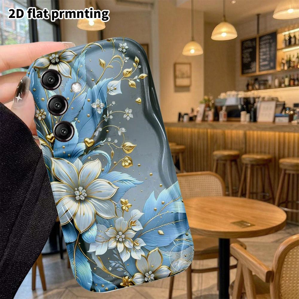 Phone Case: 2D Flat Samsung Galaxy A34 A35 M05 M06 S20 S22 S21 FE Plus 5G Cover, Blue and Gold Diamond Flower Design, Christmas and Halloween Gift