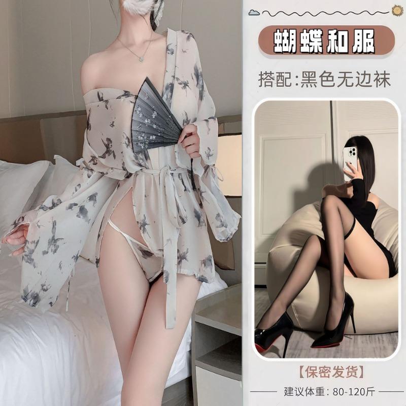 Sexy Lingerie Pure Desire Butterfly Print Kimono Perspective Bathrobe Uniform Set Free Pajamas Temptation Qqny