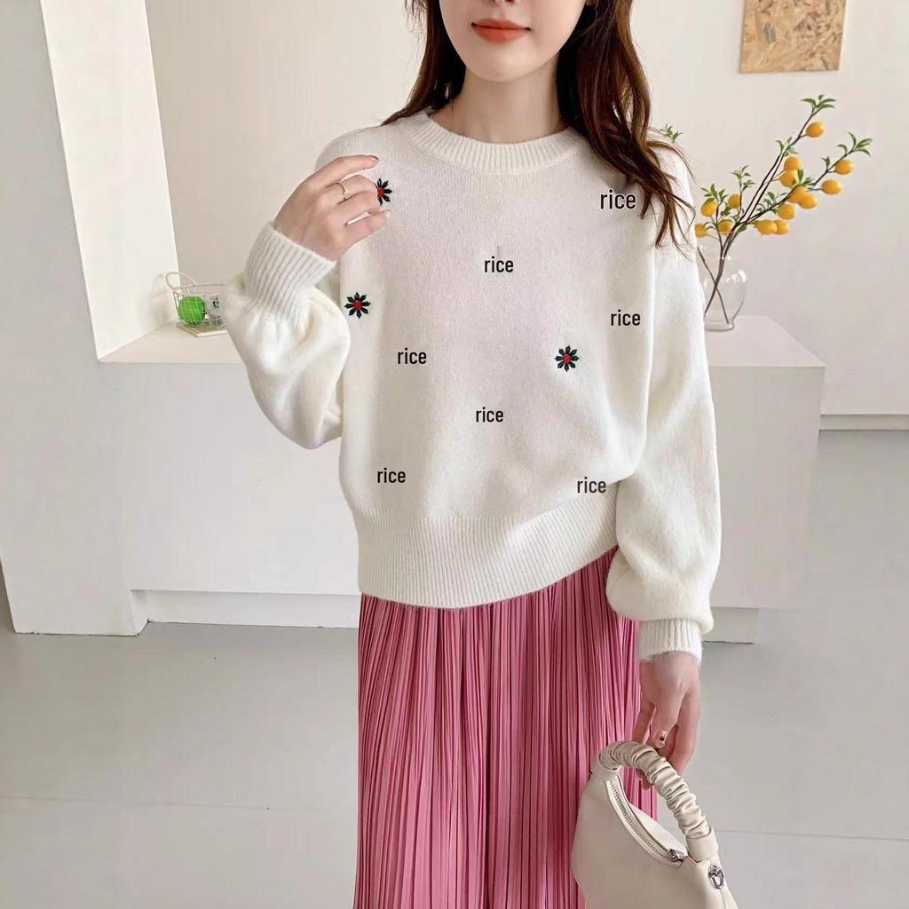 Damen Herbst/Winter Locker Gestrickter Pullover mit Blumenstickerei - Koreanischer Retro-Stil