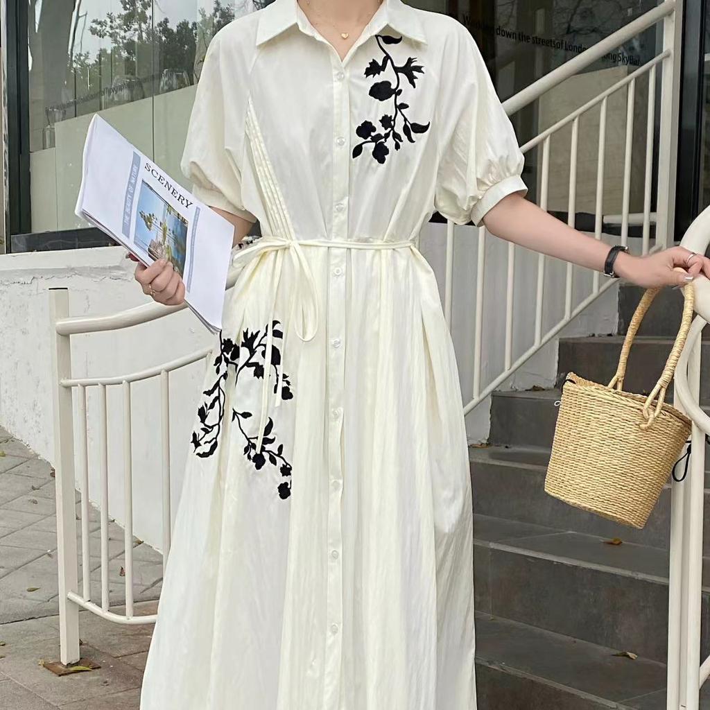 Vintage Loose Embroidery Jacquard Lace Up Design A-line Dress Woman Elegant Lapel Single Breast Pleated Dresses Ins New
