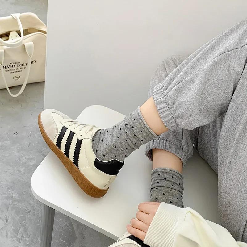 Cream Vintage Polka Dot Mid-Tube Rolled Edge Socks Thin Artistic Summer Socks 5 Pairs Women Spring Socks Korean Women Socks