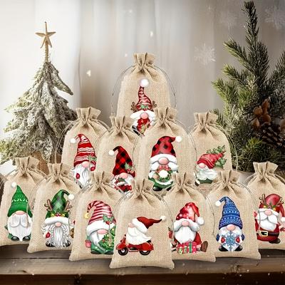 12 Stück Weihnachtsgnom Geschenktüten - Kleine & Mittlere Leinenbeutel mit Kordelzug, Langlebige Feiertagsparty-Mitgebsel-Beutel für Weihnachtsgeschenkbox