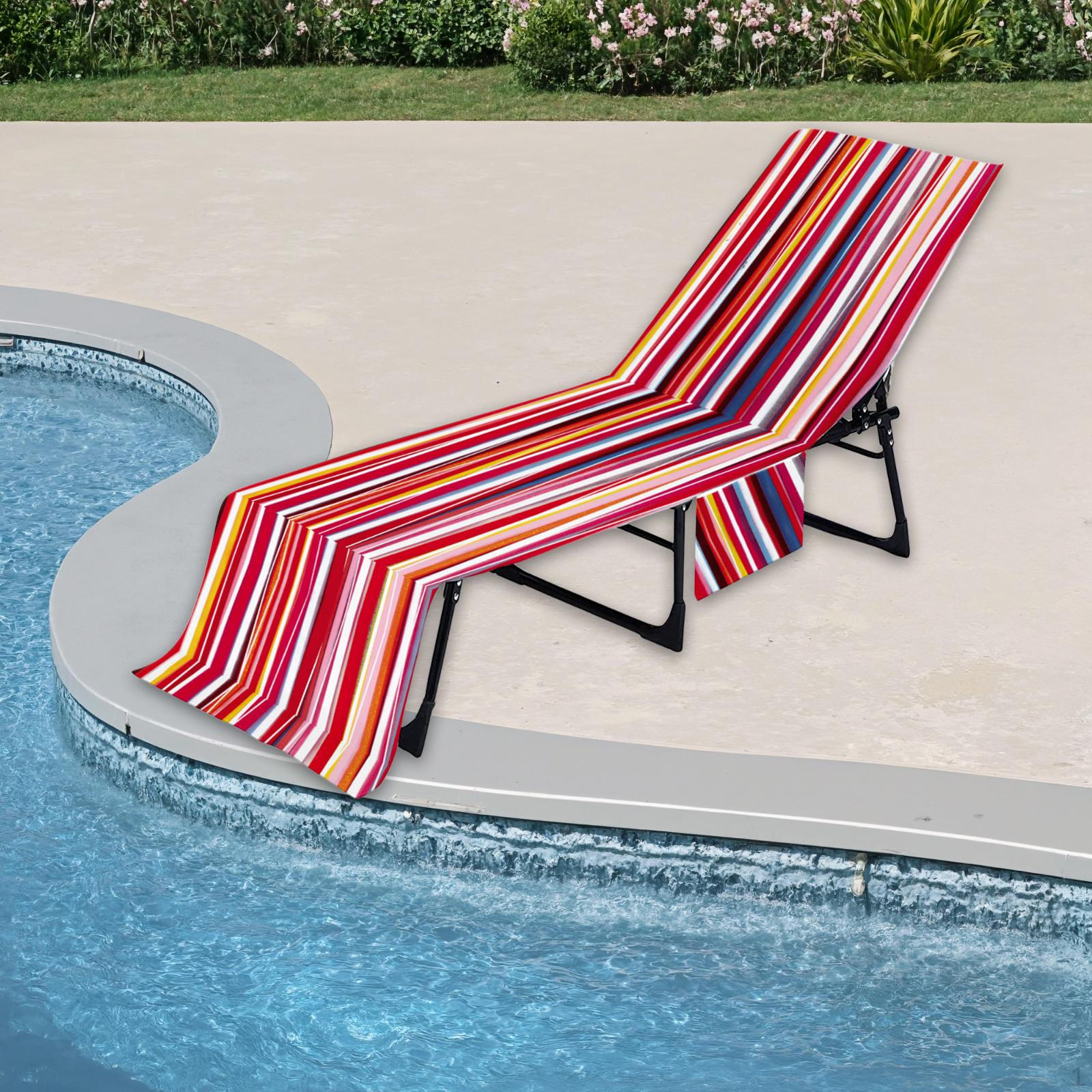 

Beach Chair Cover Stripe Lounge with Pocket for Water Park Sunbathing Hotel Vacation Red