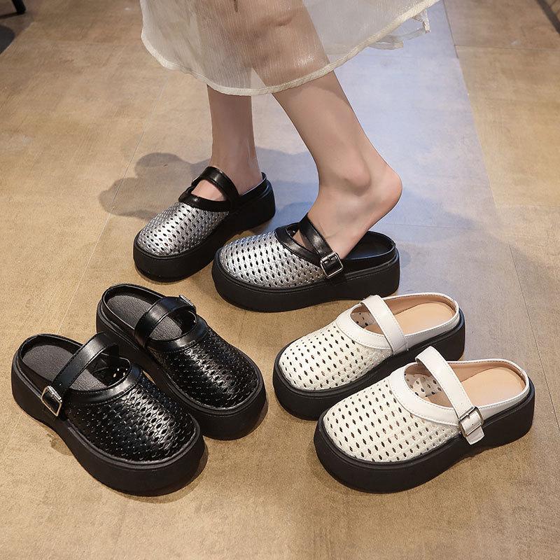 Baotou Half Slippers Women's Mesh 2025 Spring New Muffin Thick Bottom Fashion Outer Wear Hollow Breathable Cool Slippers