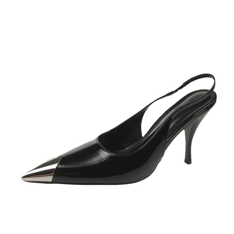 Black High Heels Women's Design Sense 2024 Summer New Korean Version French Pointed Line Single Shoes Metal Bag Head Sandals
