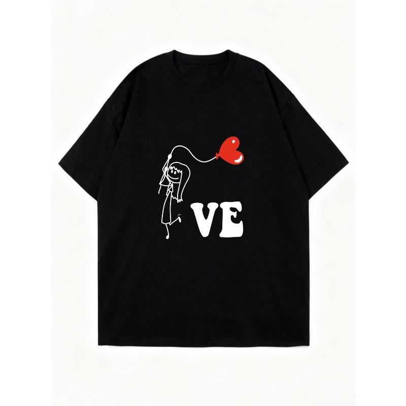 Oversized T Shirt Black Love Cartoon Character With Heart Balloon Print Casual Wear For Women
