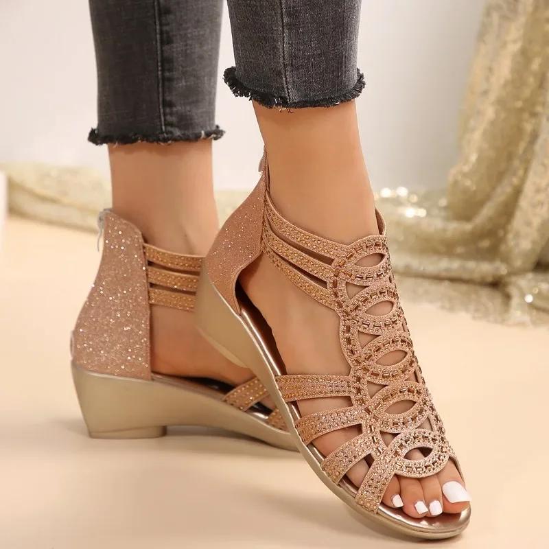 Ladies Shoes 2025 New Peep Toe Women's Sandals Plus Size Round Toe Outdoor Crystal Back Zip Casual Women Platform Wedge Sandals