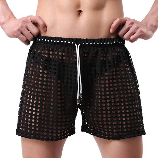 Erotic Men Solid Color Mesh See Through Hollow out Drawstring Shorts Beach Pants