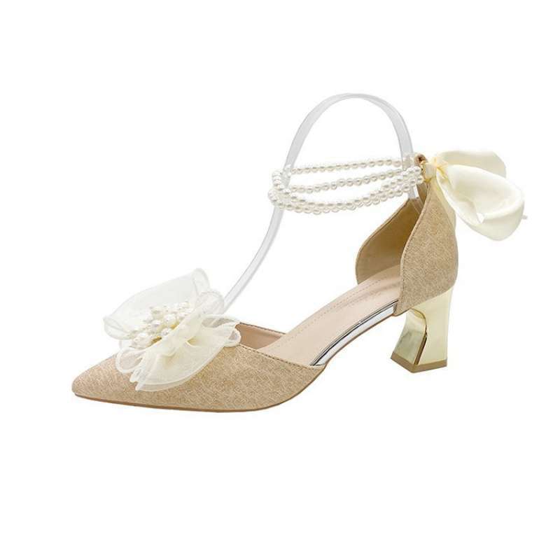 Medium heel stiletto high heels women's sandals 2025 summer new one-word buckle bow single shoes fairy style work shoes