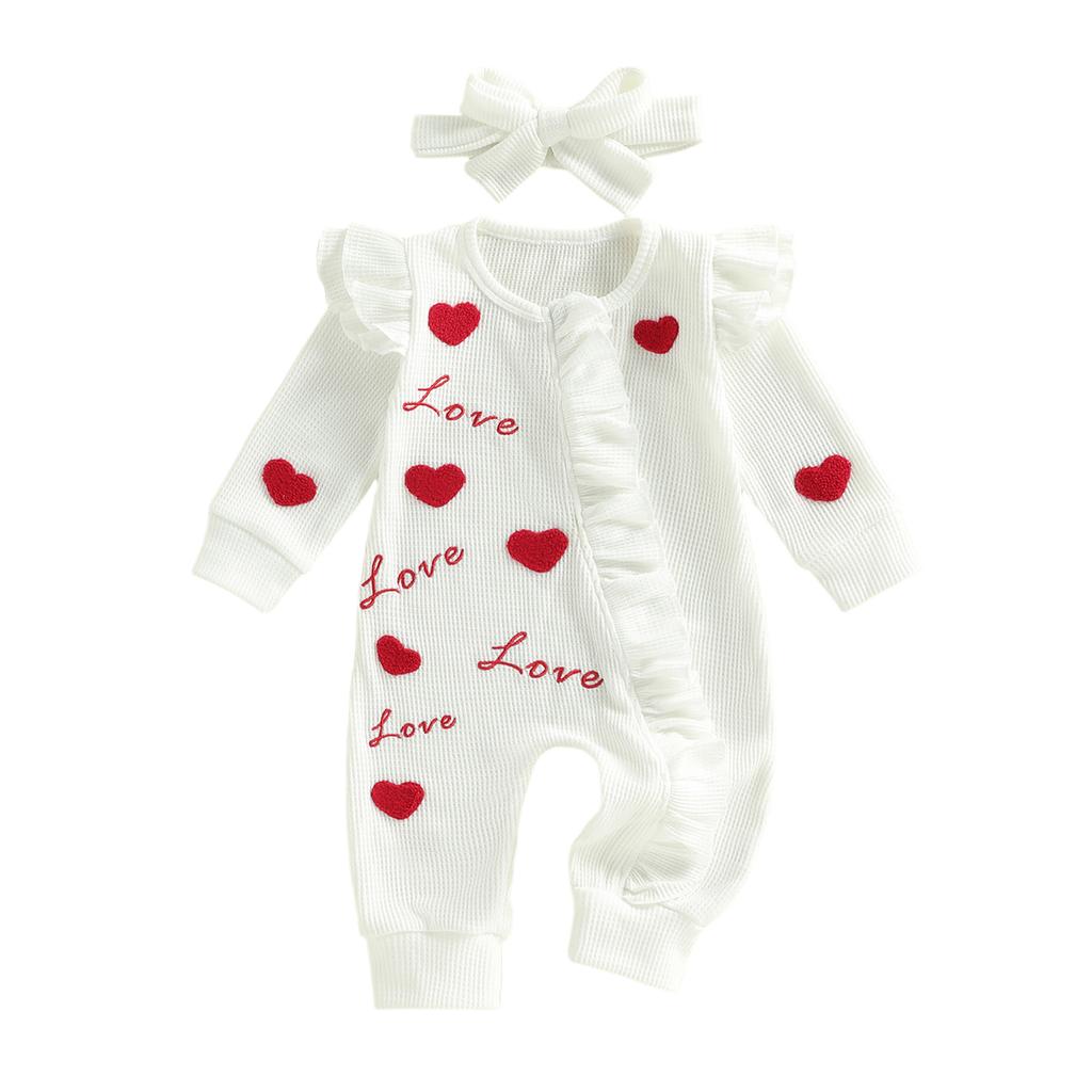 Baby Girl 2Pcs Valentine s Day Outfits Long Sleeve Round Neck Heart Embroidery Jumpsuit with Headband Set