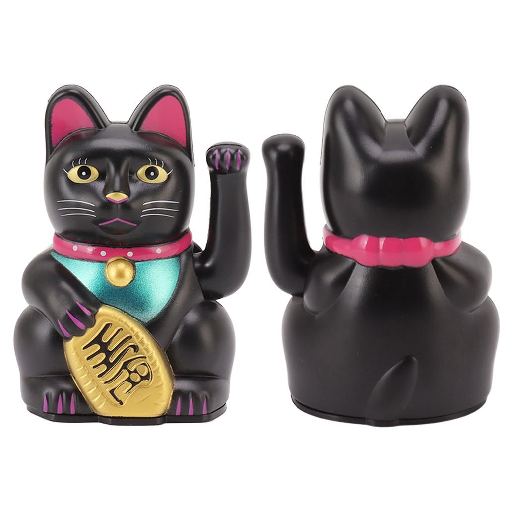 4 Inch Lucky Cat Decor Hand Waving Welcoming Cat for Home Desk Ornament Gift Giving Black