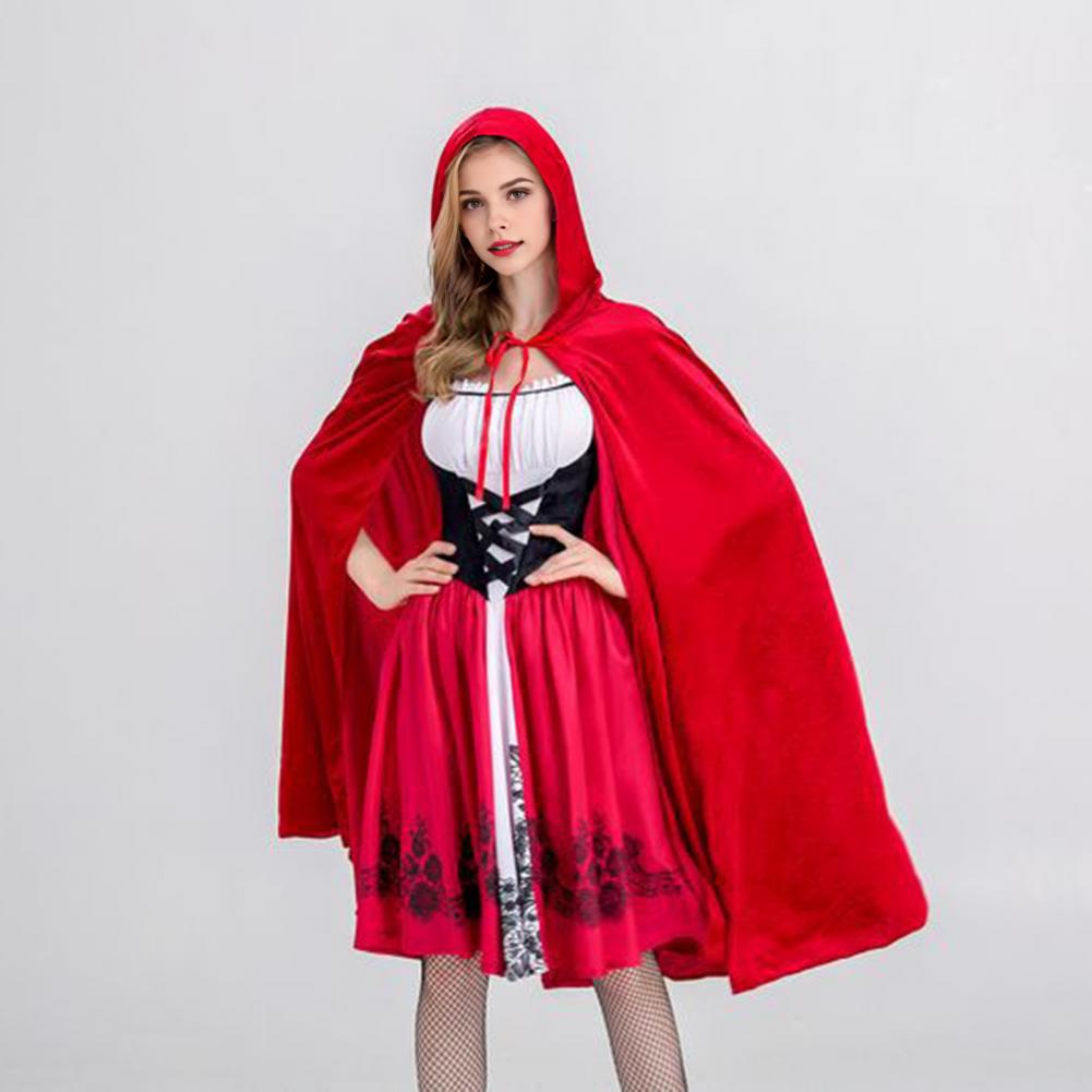 Hooded Cape Dress Women's Little Witch Maid Halloween Costume Set with Red Hat Cloak Dress Cosplay Outfit for Party Stage Show