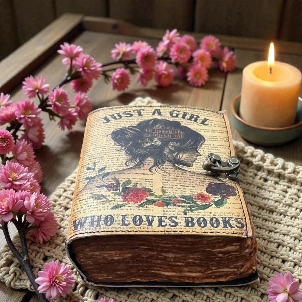 Handmade “Just a Girl Who Loves Books” Leather Journal | Vintage 5x7" Notebook with 200 Deckle Edge Pages | Literary Diary for Book Lovers