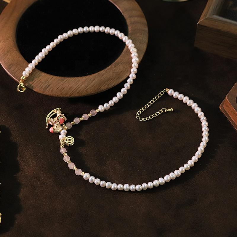 GLSEEVO Natural Freshwater Pearl Pink Rocking Horse Necklace for Women Birthday Gift Pink Crystal Beads Choker Dainty Jewelry