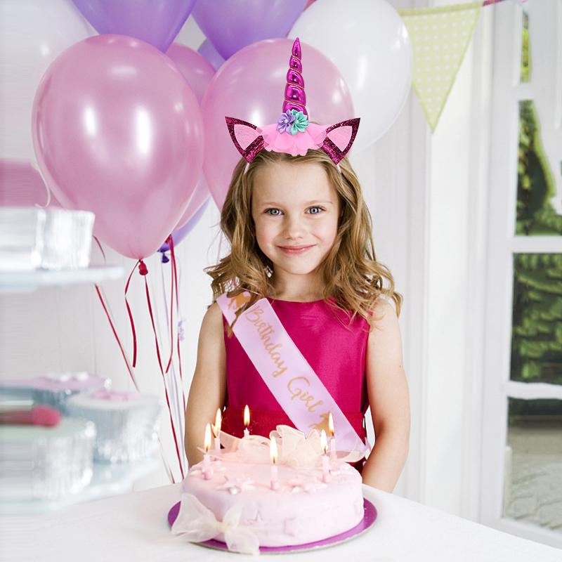 Unicorn Horn Headband Birthday Girl Sash Satin for Girl 1st Birthday Party Decoration Unicorn Theme Party Hair Band Baby Shower