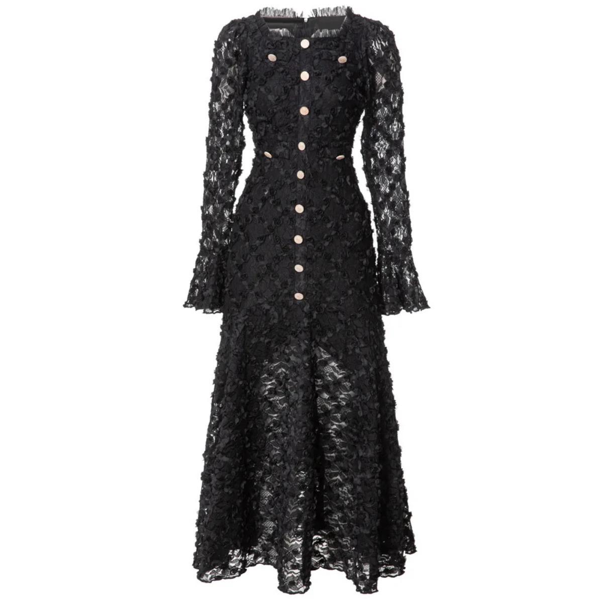 

Модные женские элегантные платья Трехмерный цветочный квадратный вырез Длинный рукав Платье в стиле принцессы Новое XXXL чёрный