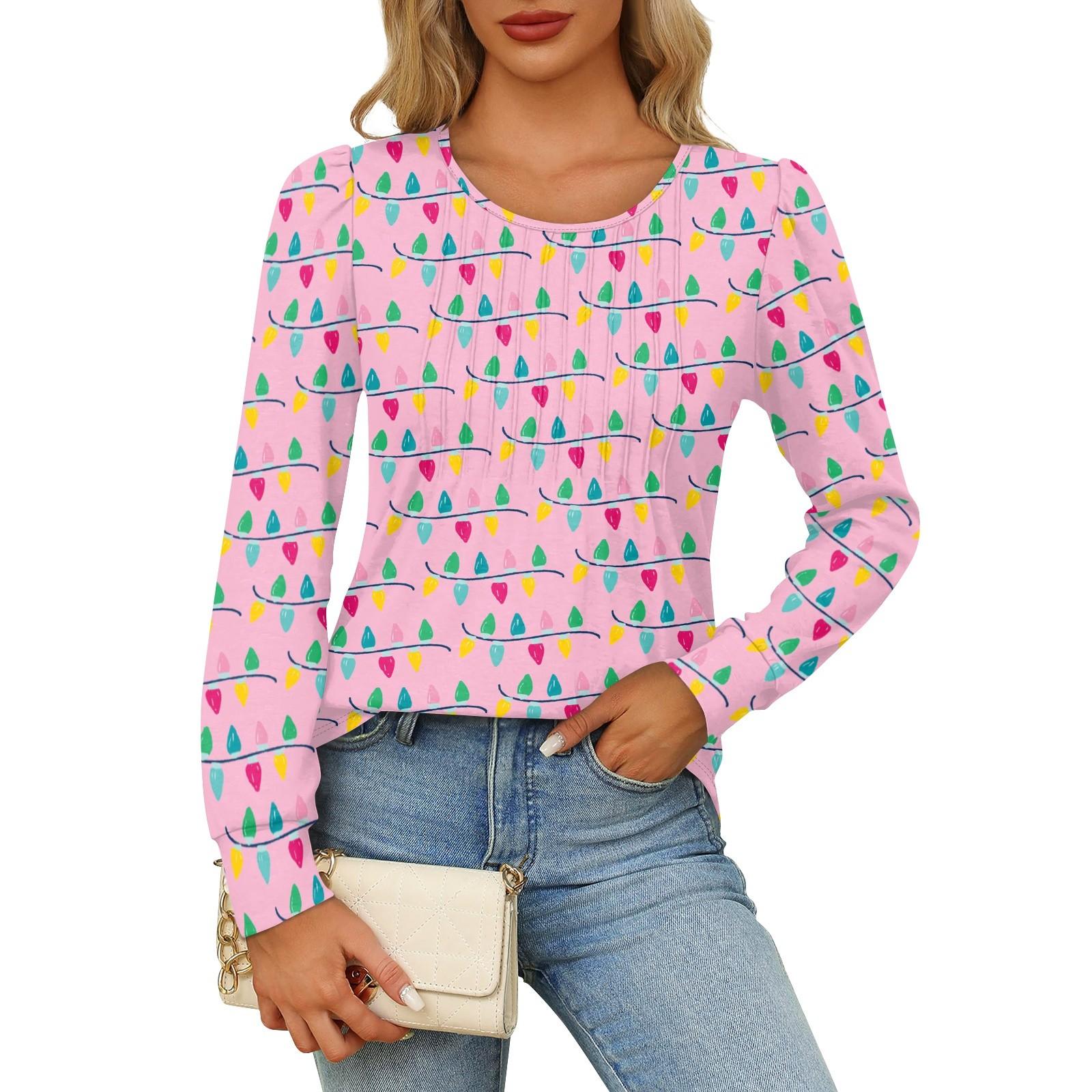 

Рубашки с длинным рукавом для женщин, футболки с милым принтом и графикой, блузки, нарядные повседневные блузки, плиссированные топы-туники с овальным вырезом XXL розовый