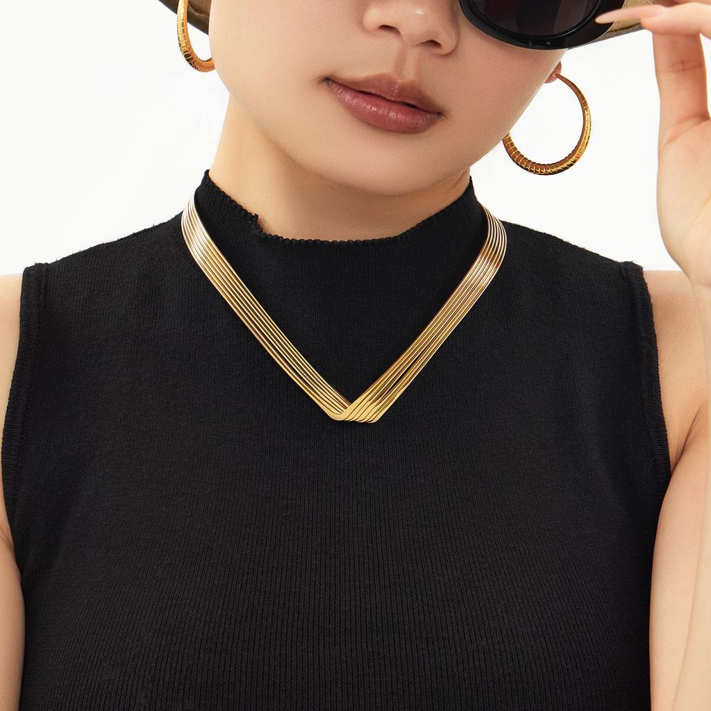 European & American 7-Layer V-Shape Choker Necklace, Punk Style Fashion, 18K Gold-Plated Stainless Steel.