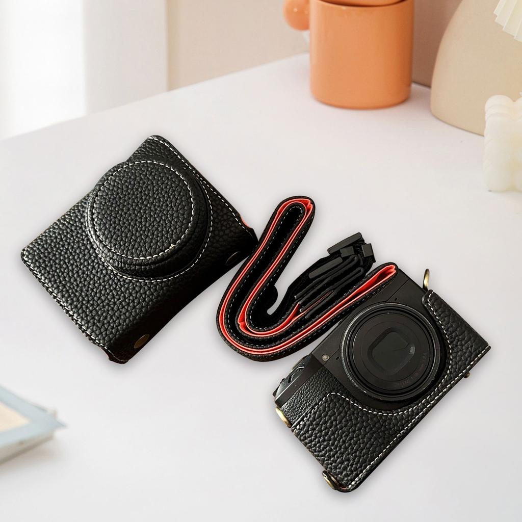 Vintage PU Leather Camera Bag Half Body Protective Cover with Strap for GR IIIx GR III GRIII GR3 Enhanced Grip Soft Lining 1Celsius4 Inch Thread Hole