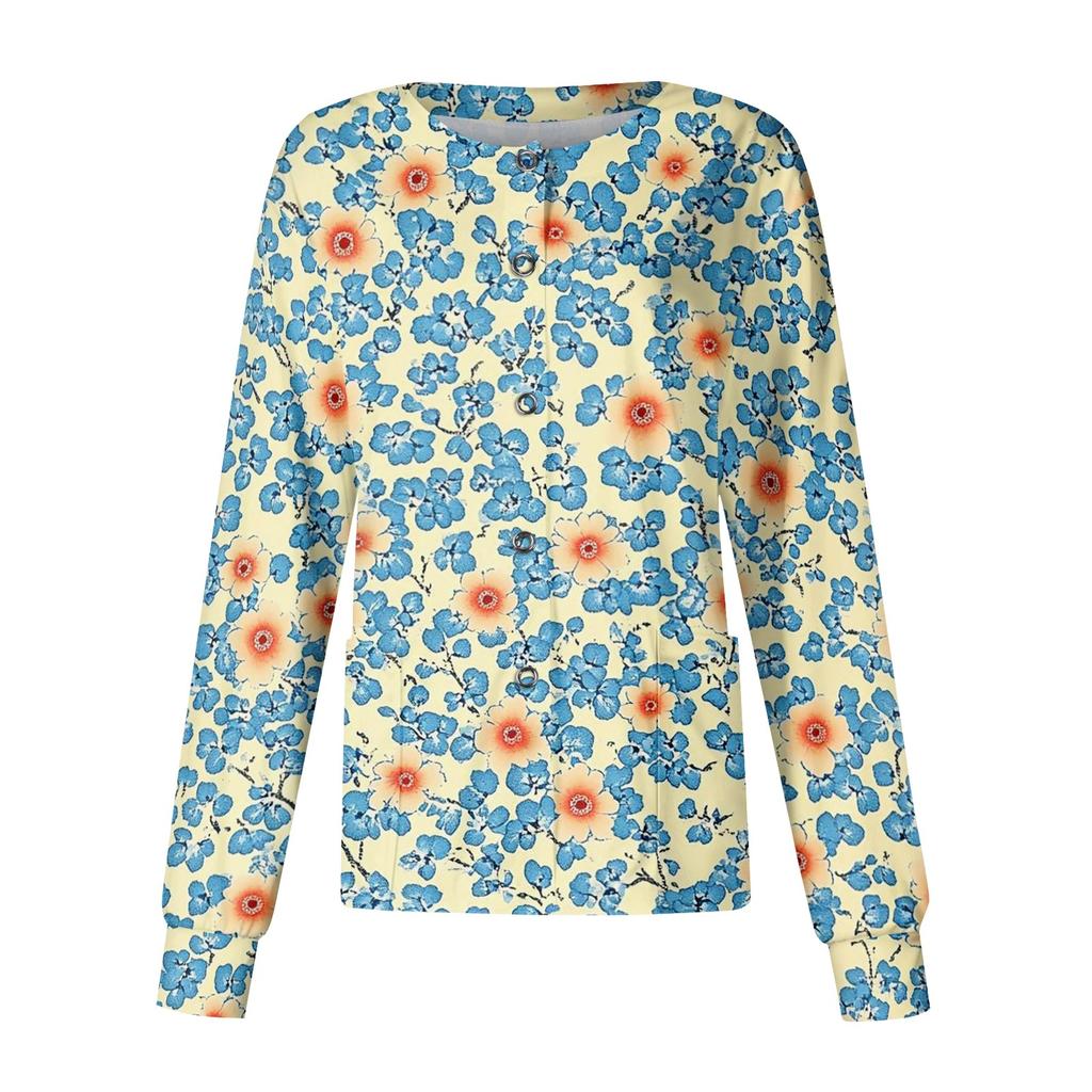 Women Long Sleeve Casual Cardigan Floral Print Button Front Lightweight Open Front Workwear Top
