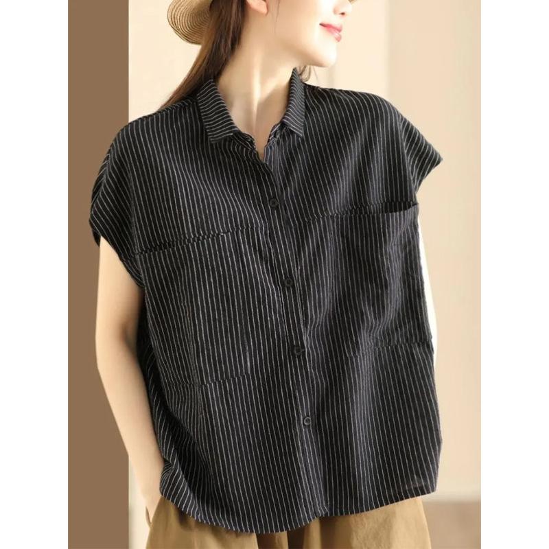 Retro Striped Sleeveless Collared Loose Casual Shirt For Women M чёрный
