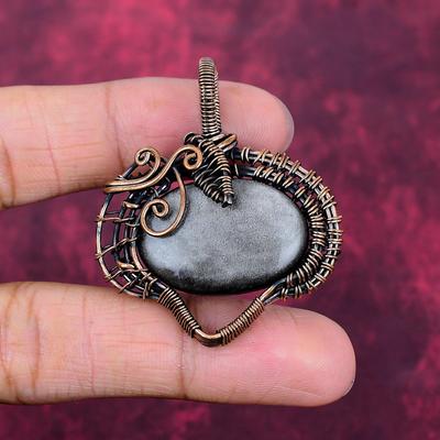 Silver Sheen Obsidian Pendant Copper Wire Wrapped Unique Jewelry Gemstone Pendant