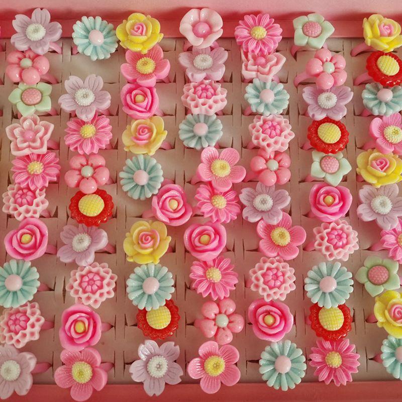 10pcs/Lot Cute Children's Cartoon Rings Glitter Flower Fruit Shape Plastic Adjustable Ope Excluding boxes