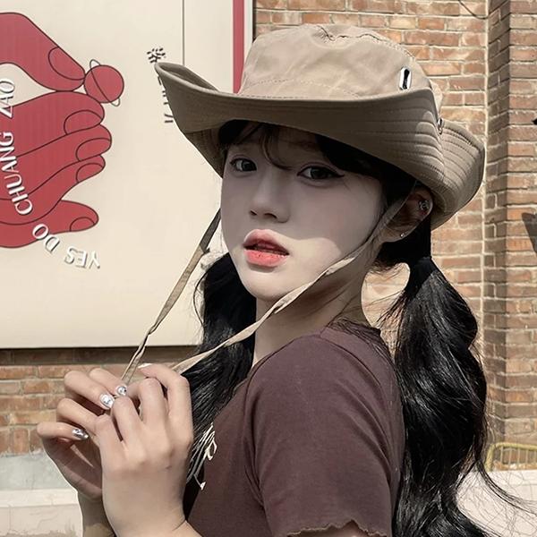 WTEMPO Solid Color Windbreak Rope Sun Hats Couple Spring Summer Hiking Breathable Hats Outdoor Fishing Travel Cowboy Bucket Sun Hats