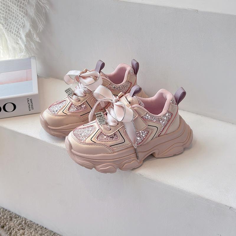 Girls Glitter Bow Decor Thick Sole Velcro Casual Sneakers 26 розовый