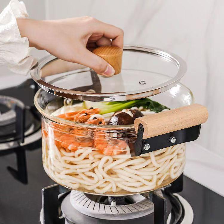 High Borosilicate Glass Soup Pot with Lid for Electric Stoves, Transparent Double Ear, Wood Handle.
