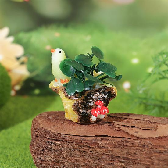 Miniatur-Feengarten-Zubehör Mini Harz Baumstumpf Figur mit Vogel Und Künstliche Pflanzen für DIY Moos-Terrarien Basteln Heimdekoration