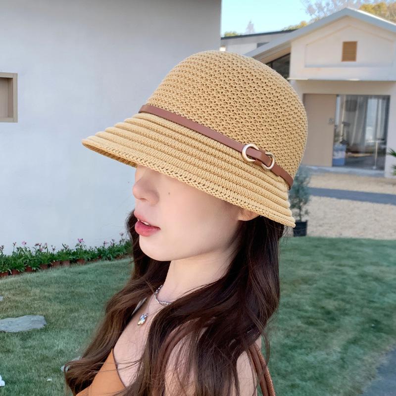 Knitted basin hat spring and summer sunscreen belt decoration wavy edge folding women's retro casual bucket hat fashion