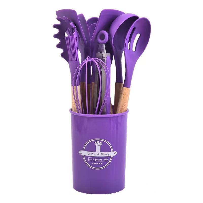 12-Piece Non-Stick Silicone Kitchen Utensil Set with Wooden Handles