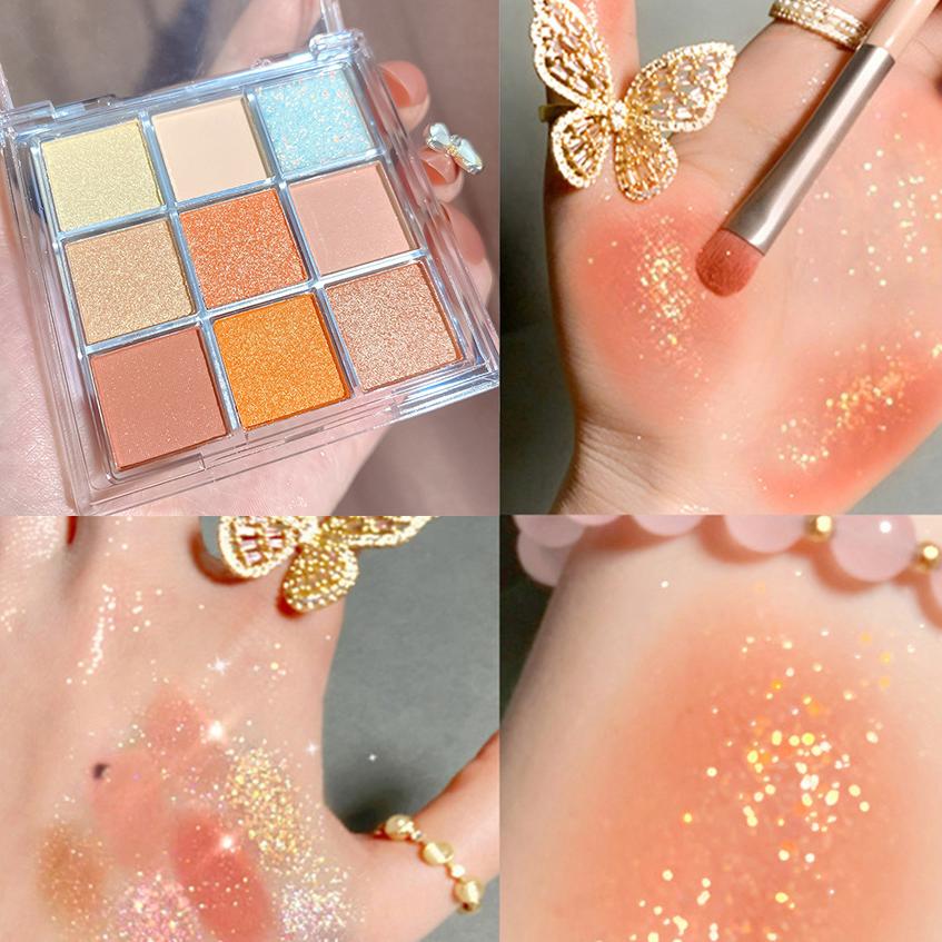 Knusprig duftende Reis-Lidschatten-Palette in neun Farben, schimmernder Glitzer, glitzernd, wasserfest, kein Make-up-Entfernen, erdige Farbe, täglich hochkarätig