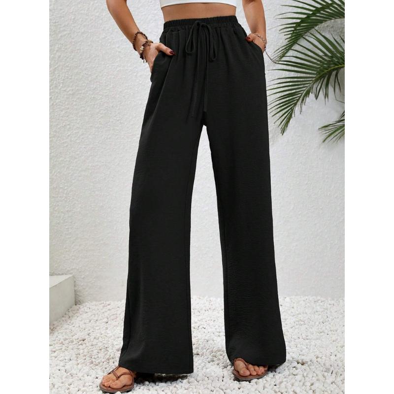 New Women's Solid Color Floor-Length Wide Leg Pants, Elastic Waist with Drawstring, Casual Versatile Trousers for Spring Summer